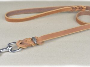 Fettlederleine,geflochten, mit Handschlaufe, cognac, Karabiner verchromt