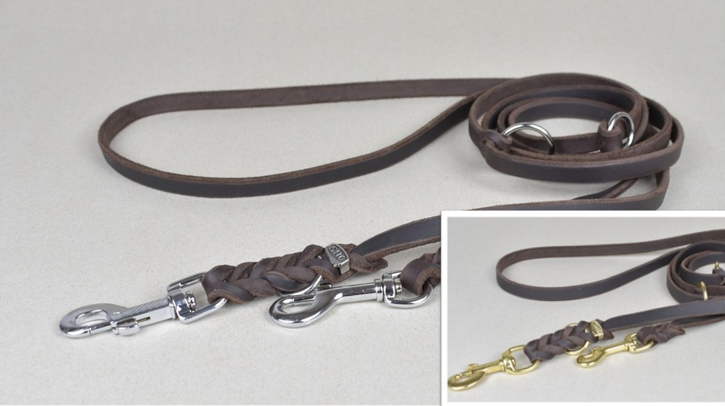 Lederleine - Fettleder geflochten - 3-fach-verstellbar, braun