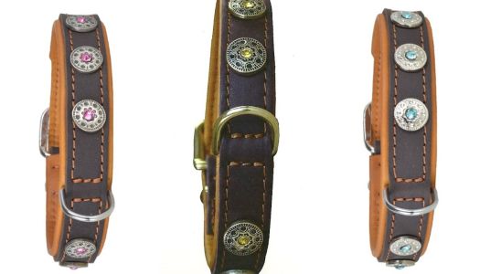 Lederhalsband mit Nieten und Schmucksteinen braun