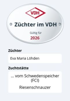 Züchter im VDH für Riesenschnauzer schwarz - vom Schwedenspeicher - FCI-Zwinger -VDH Züchterplakette 2026 - Gütesiegel
