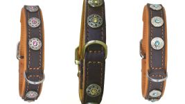 Lederhalsband mit Nieten und Schmucksteinen braun