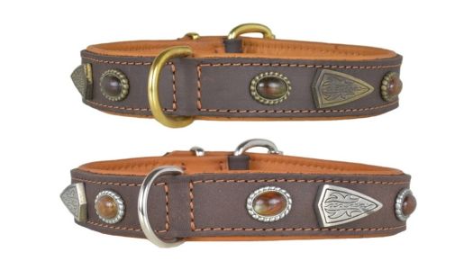 Lederhalsband mit Steinen und Nieten BERNSTEIN Optik